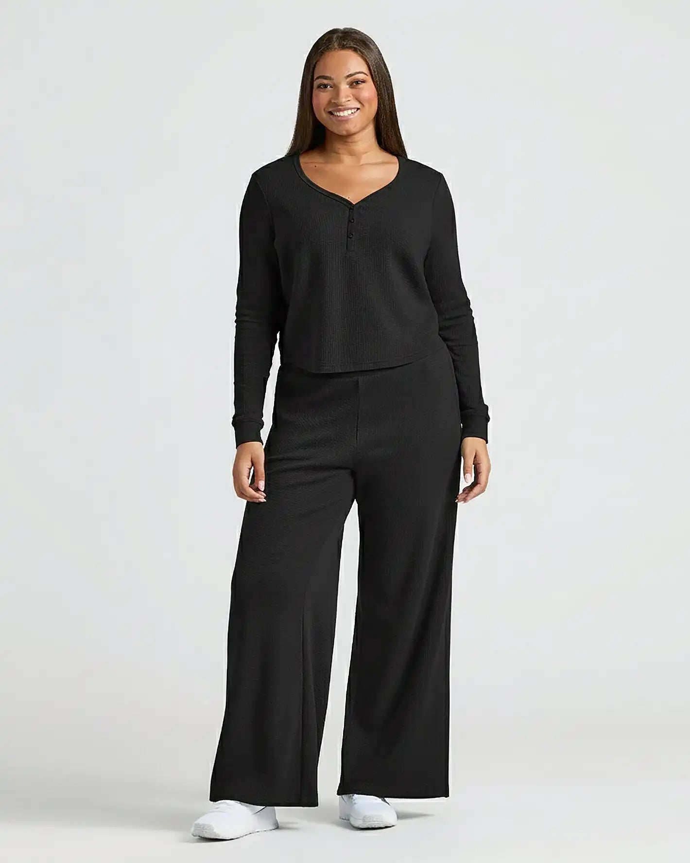 Womens Black Waffle Long Sleeve Boxy Henley