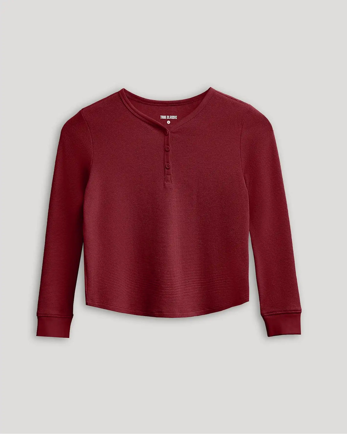 Girls Dark Maroon Long Sleeve Boxy Waffle Henley