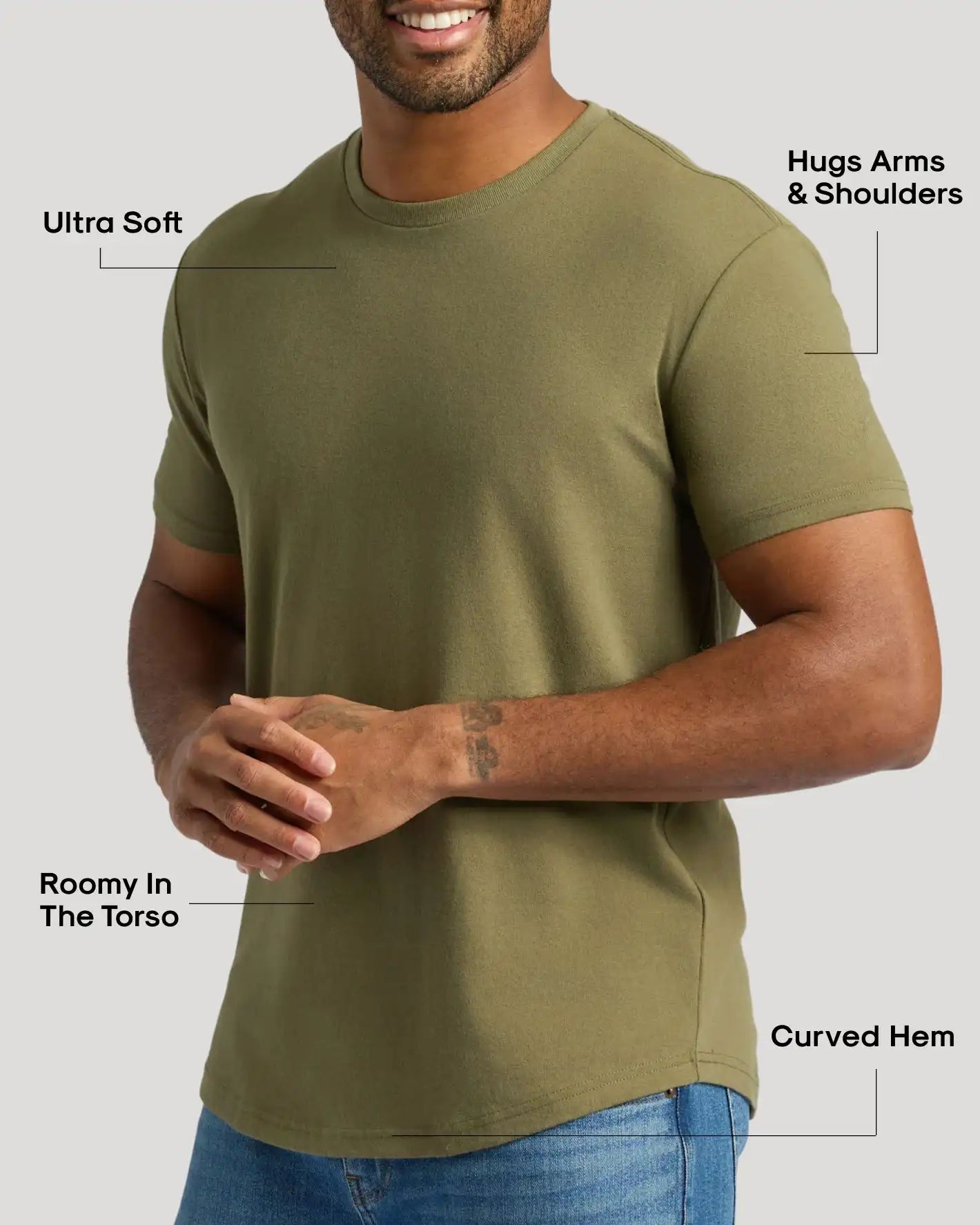 Military Green Curved Hem Classic Crew Neck