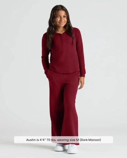 Girls Dark Maroon Long Sleeve Boxy Waffle Henley