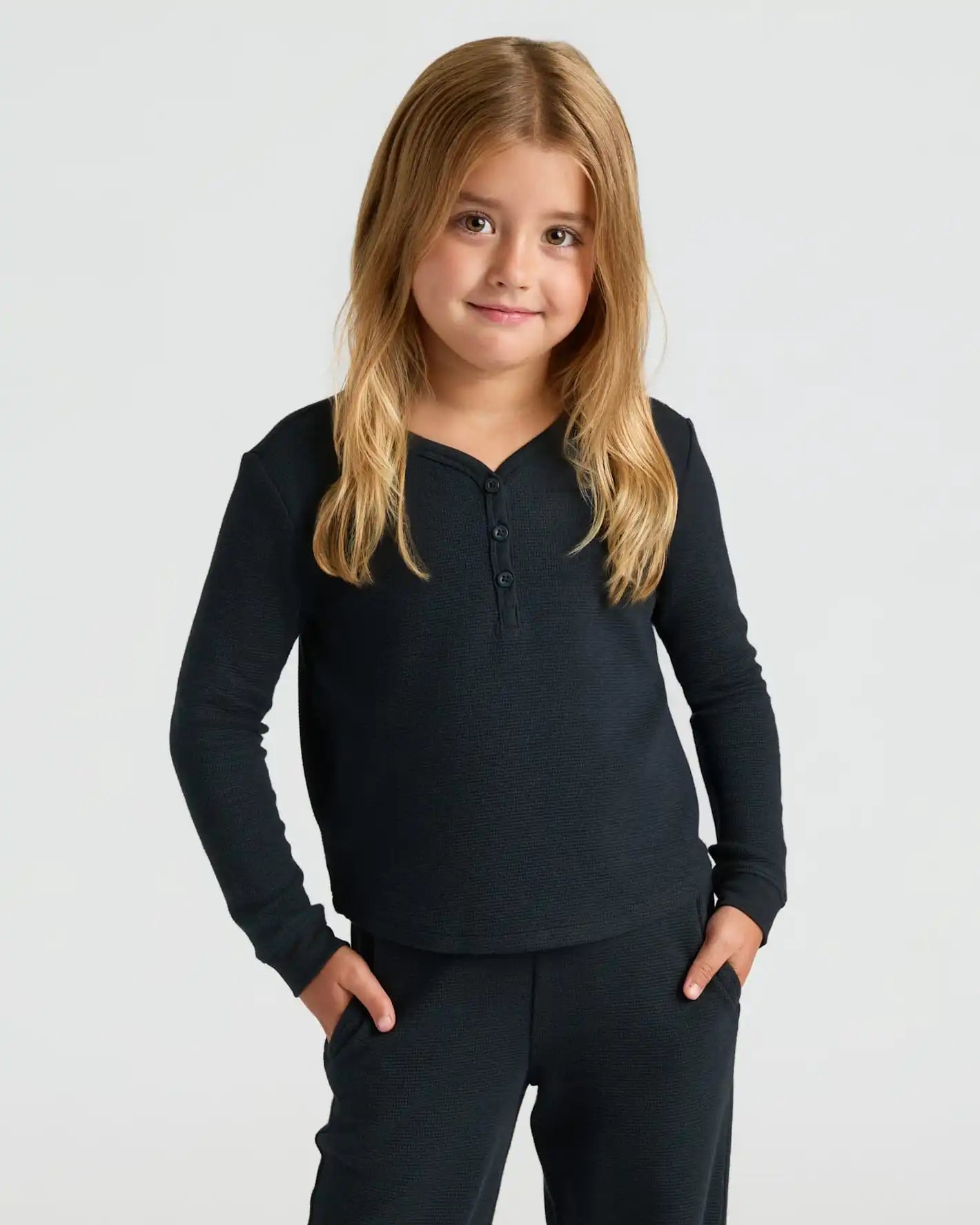 Girls Black Waffle Long Sleeve Henley & Waffle Leg Pants 2-Pack