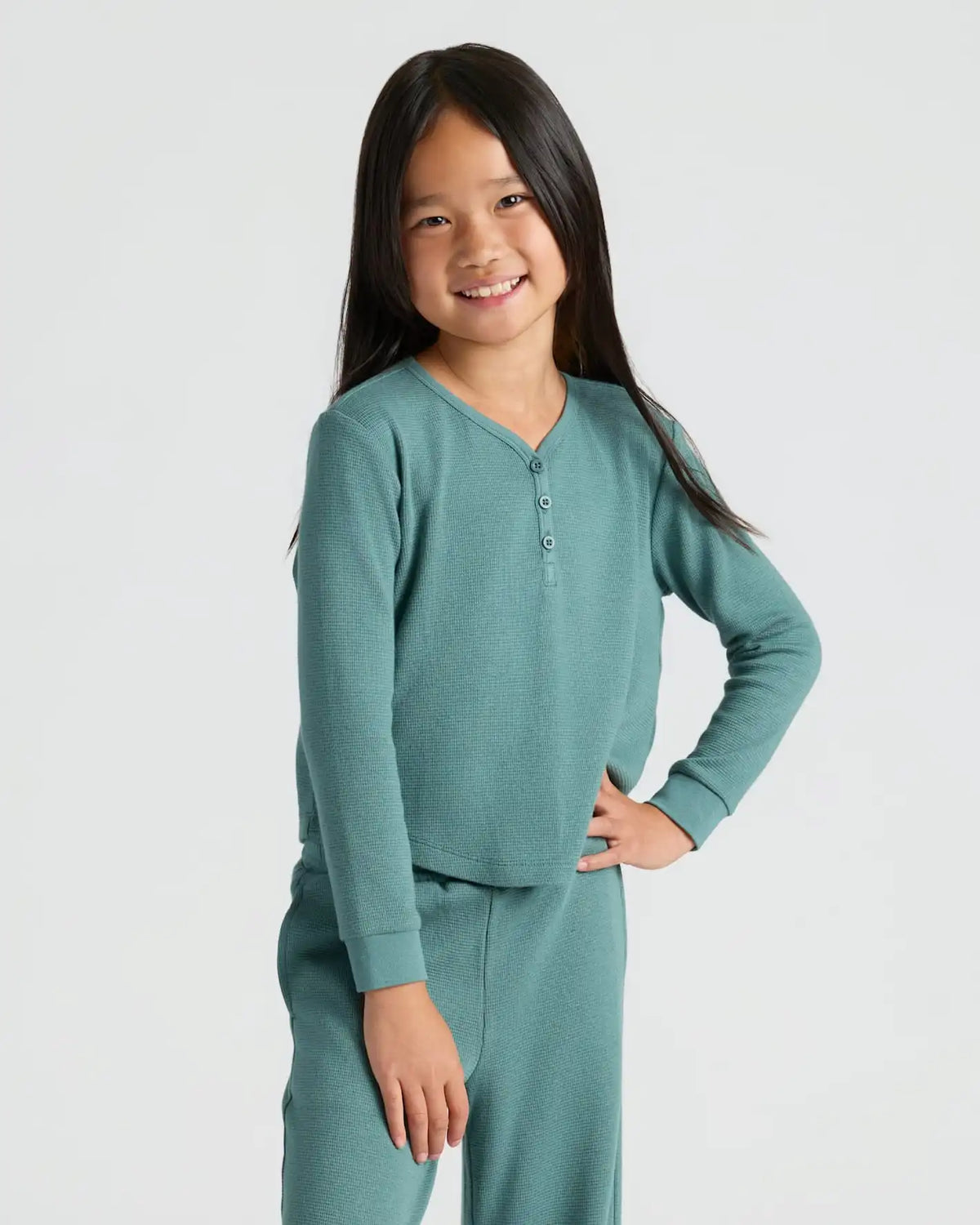 Girls Stormcloud Waffle Long Sleeve Henley & Waffle Leg Pants 2-Pack