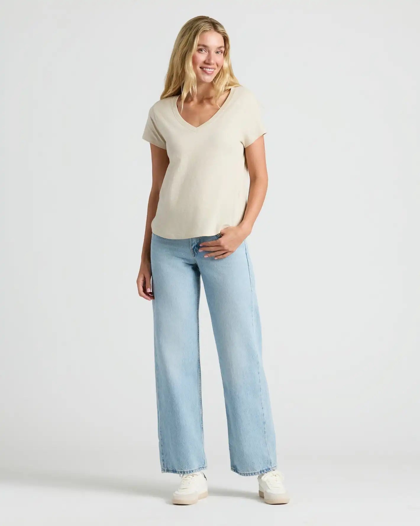 Womens Oatmeal Relaxed Slub V-Neck Tee