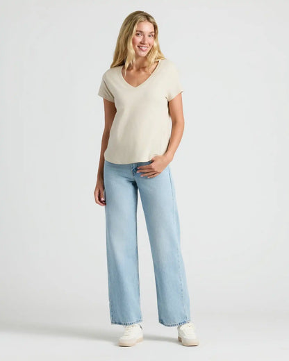 Womens Oatmeal Relaxed Slub V-Neck Tee