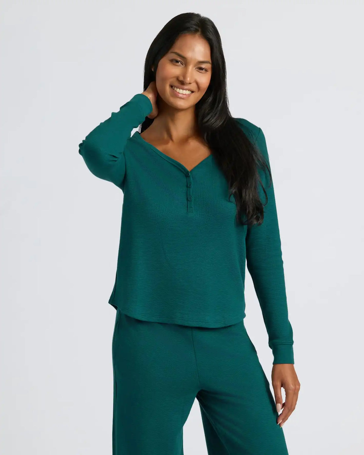 Womens Deep Emerald Waffle Long Sleeve Henley & Waffle Leg Pant 2-Pack