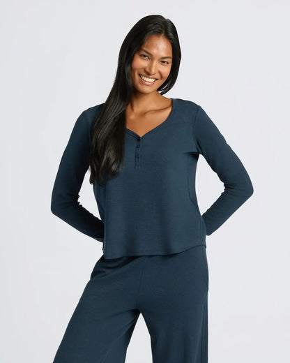 Womens Navy Waffle Long Sleeve Henley & Waffle Leg Pant 2-Pack