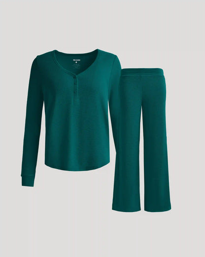 Womens Deep Emerald Waffle Long Sleeve Henley & Waffle Leg Pant 2-Pack